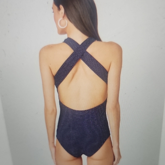 Shoshanna Navy & Silver High Neck Cross Back One-Piece Swimsuit Size 4 - Picture 2 of 6